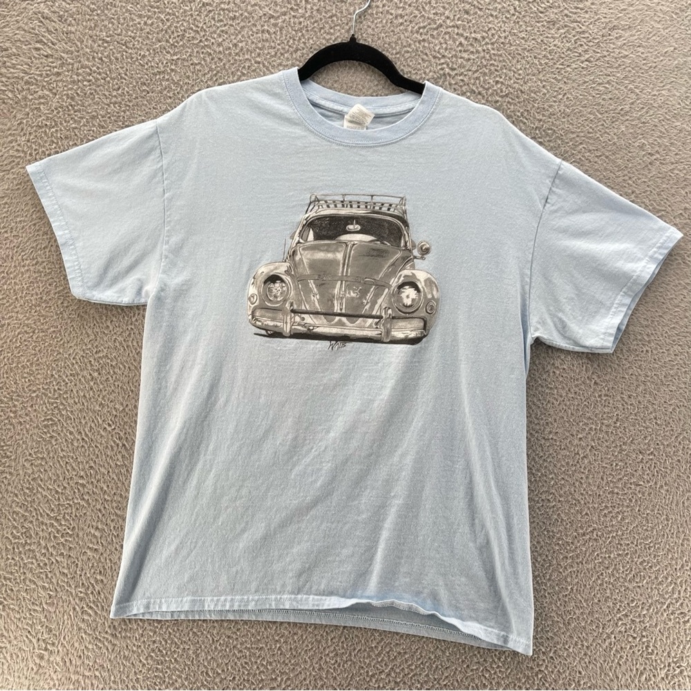 Retro Old Car T-Shirt Men Large Blue Double Sided Graphic Got Oil WATB Gildan